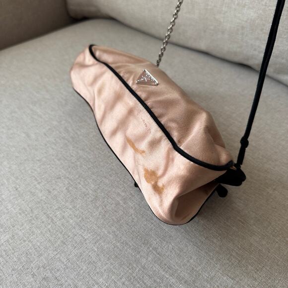 Prada Satin Shoulder Bag Clutch Pink Peach Black Floral Charm Kiss Lock FLAW - Picture 5 of 7